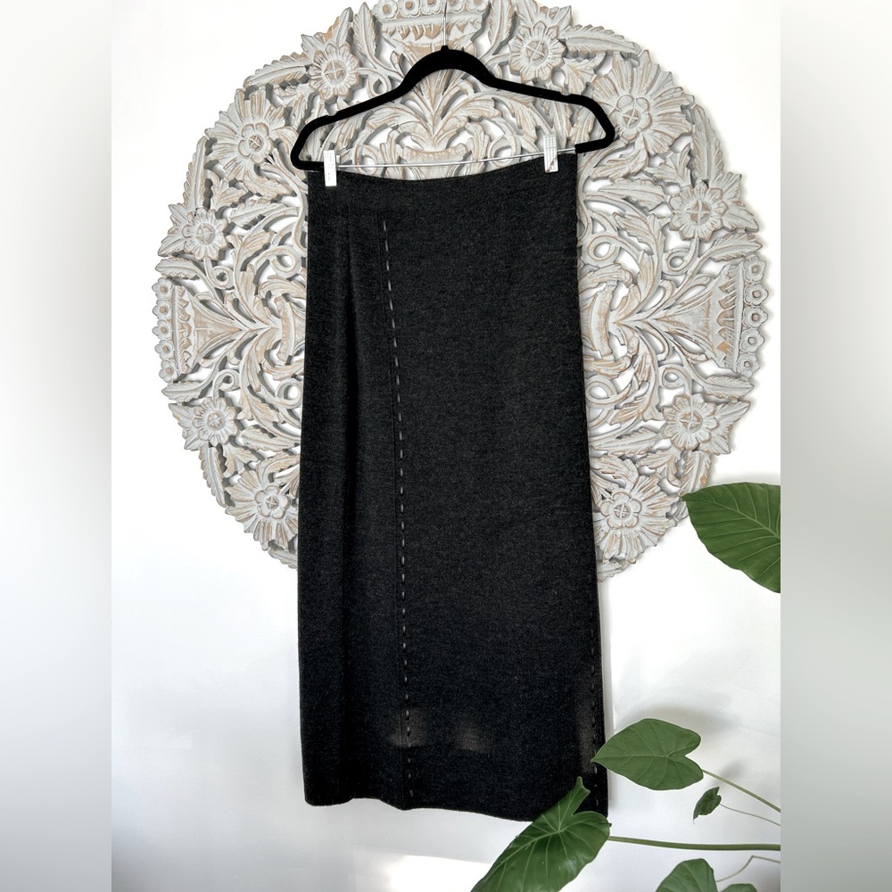 Gray Merino Wool Maxi Skirt with Leather Accents – Size 12